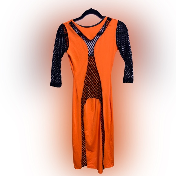 Orange Black Fishnet Mesh Midi Dress Quarter Sleeves Size Small - Picture 2 of 3